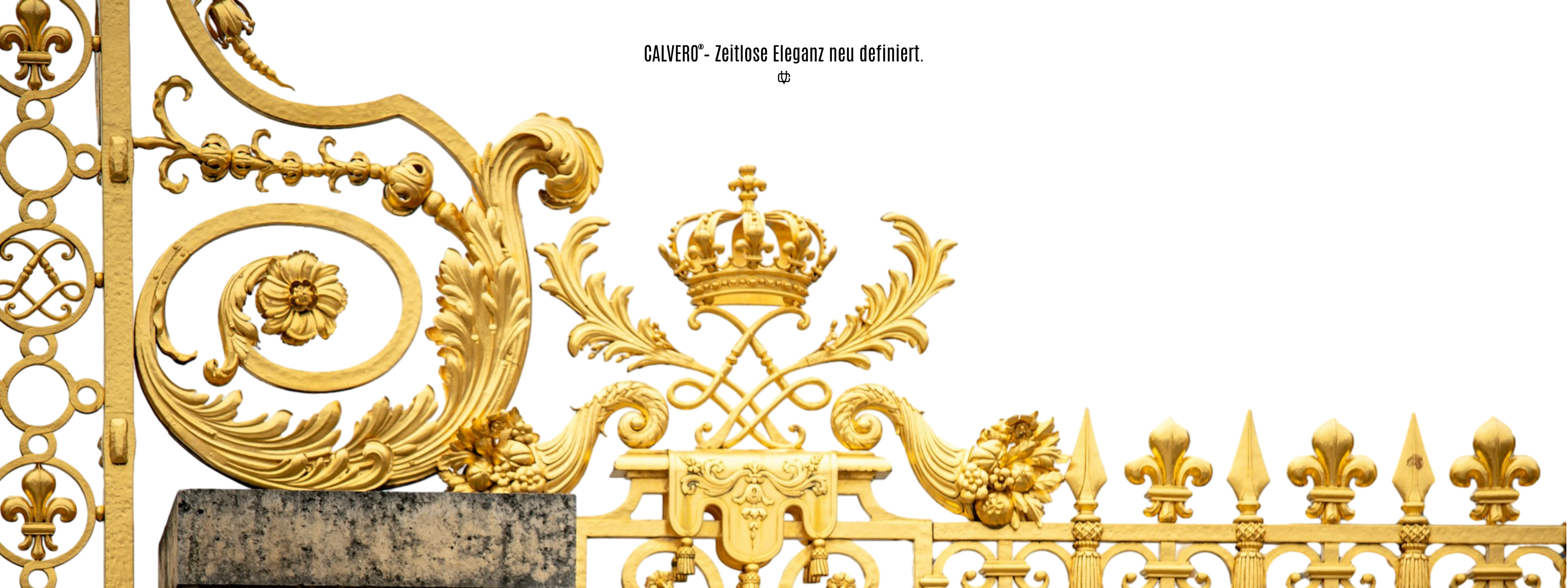Exklusives Calvero® Bannerbild in Weiß und Gold mit kunstvollem Zaunmotiv und Logo