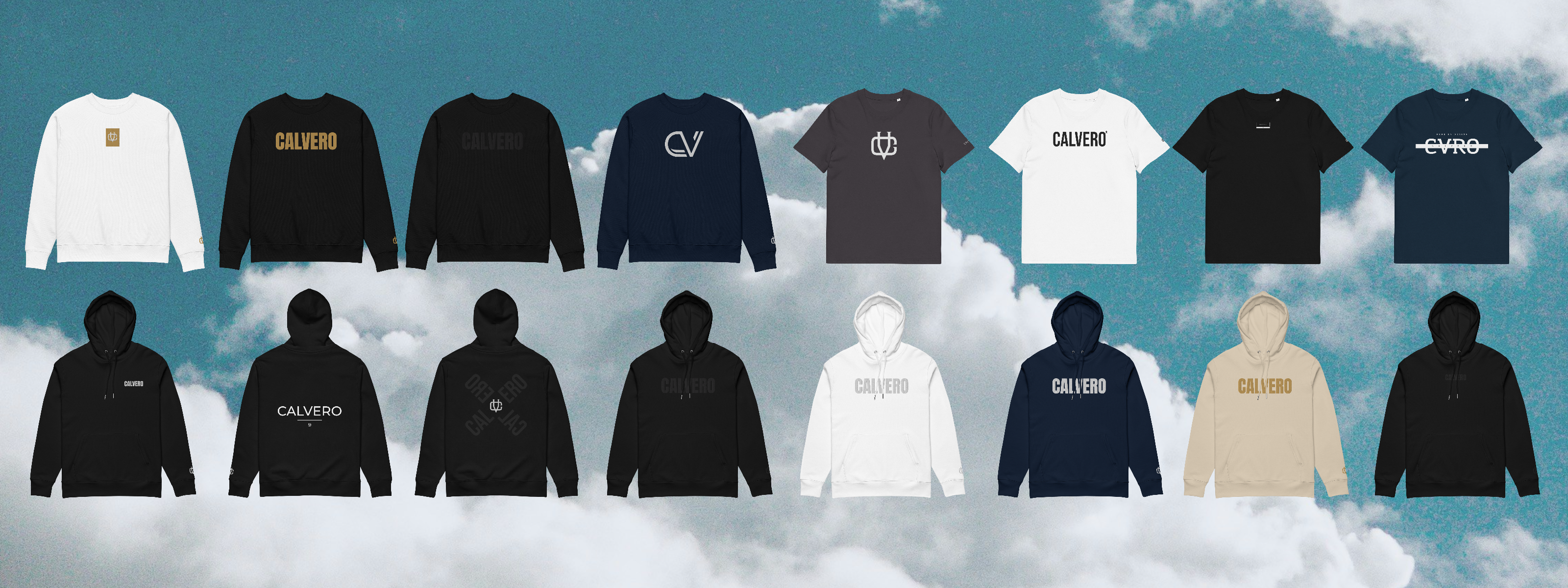 Kollektion von Calvero® Essentials mit Hoodies, Sweatshirts und T-Shirts präsentiert vor wolkigem Himmel als luxuriöses Modebanner.