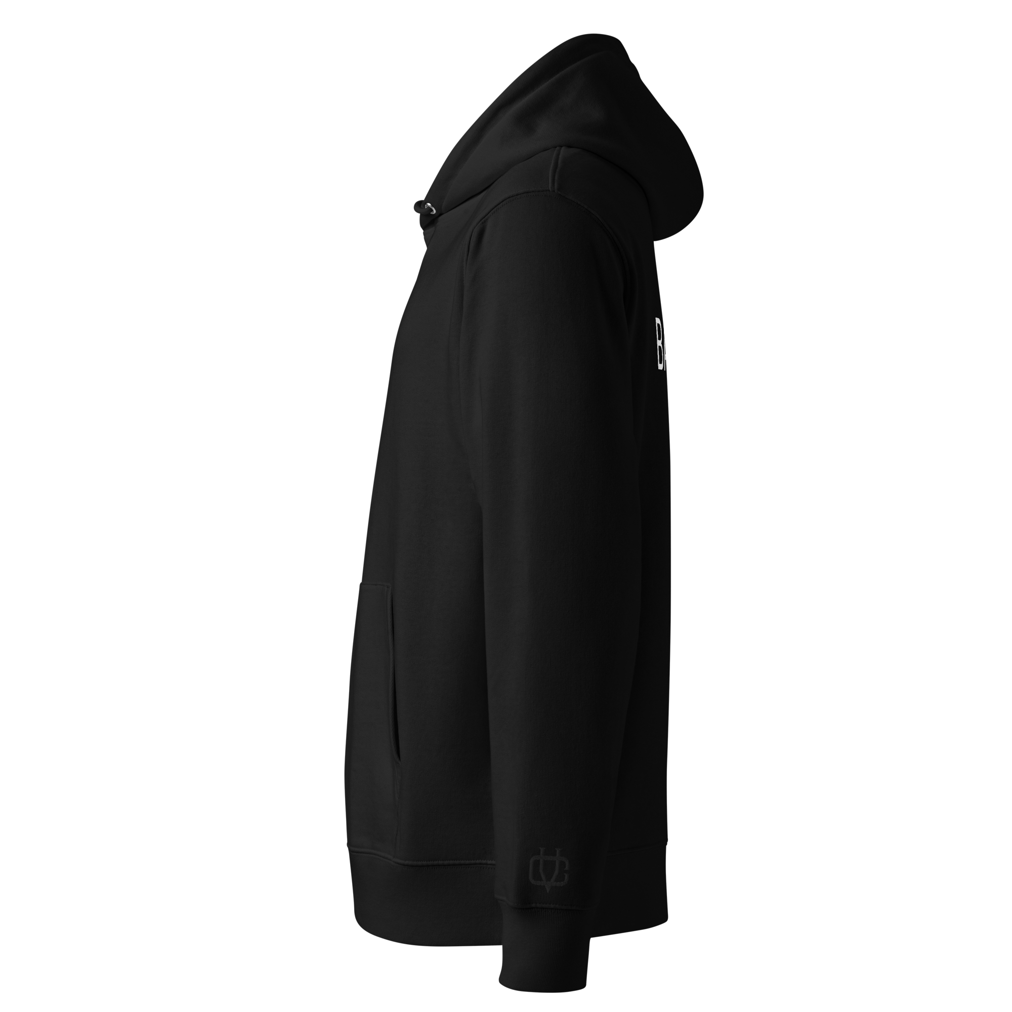 CALVERO® Hoodie Black Balance linke Seitenansicht – dezentes CALVERO Logo am Ärmel, minimalistischer Regular Fit.
