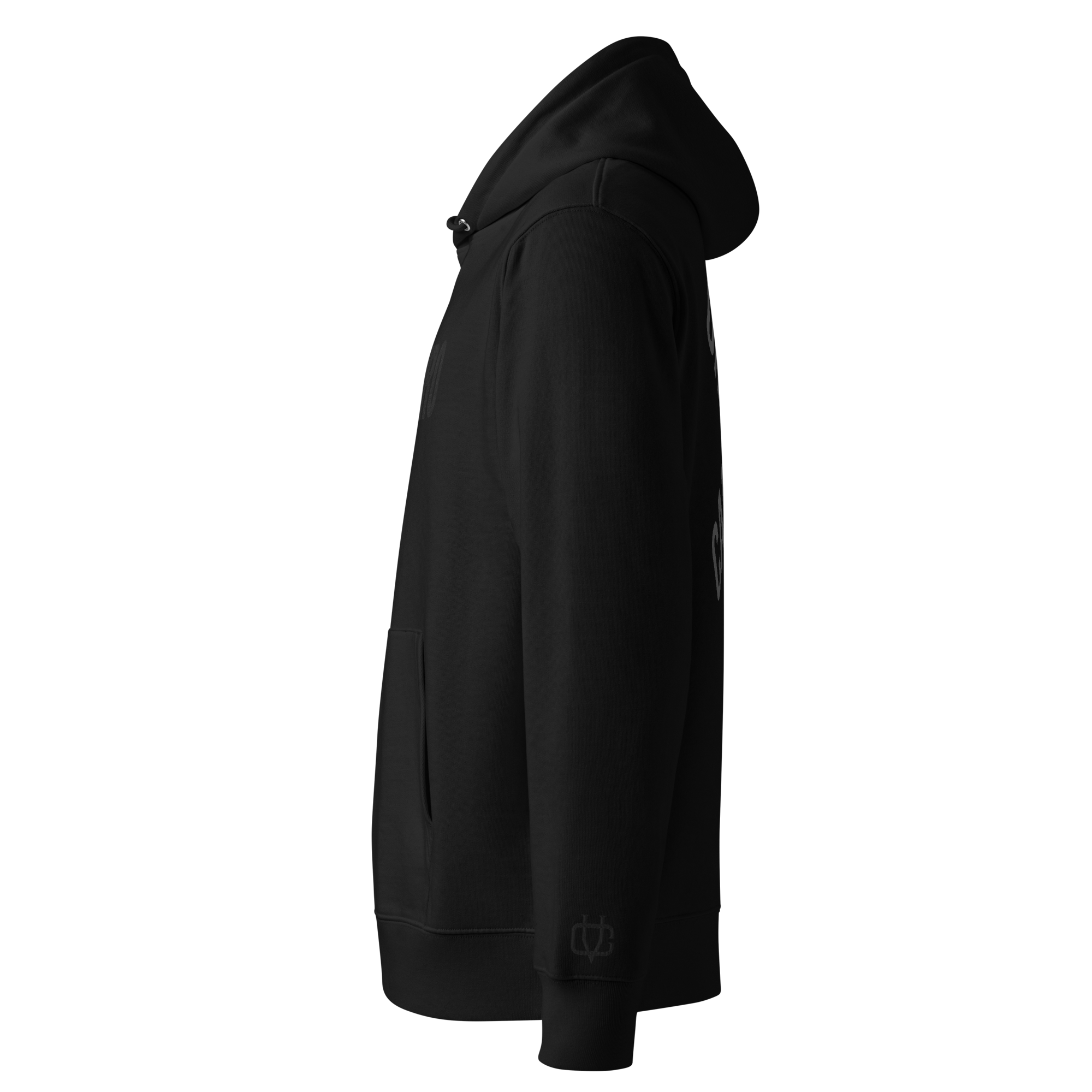 Calvero® Hoodie Black Cross linke Seitenansicht mit sichtbarem Ärmel-Logo