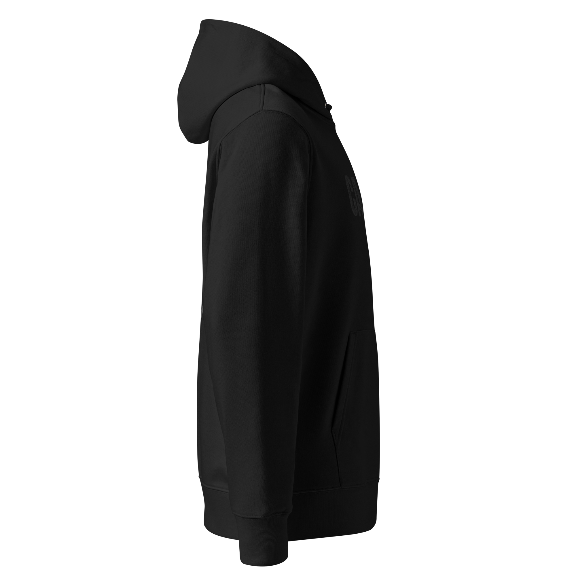 Calvero® Hoodie Black Cross rechte Seitenansicht mit Kapuze und Tasche