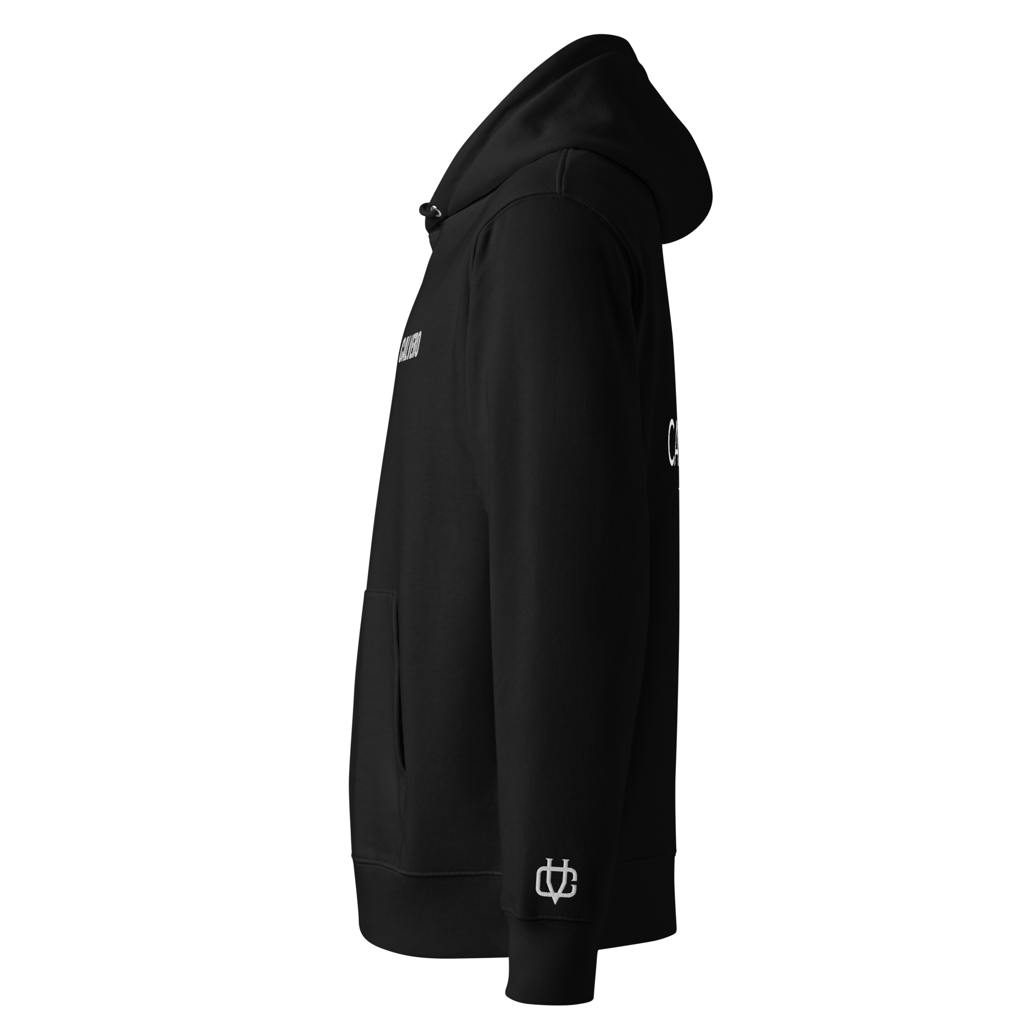 Calvero® Essential Hoodie Black White linke Seite mit gesticktem Logo am Ärmel