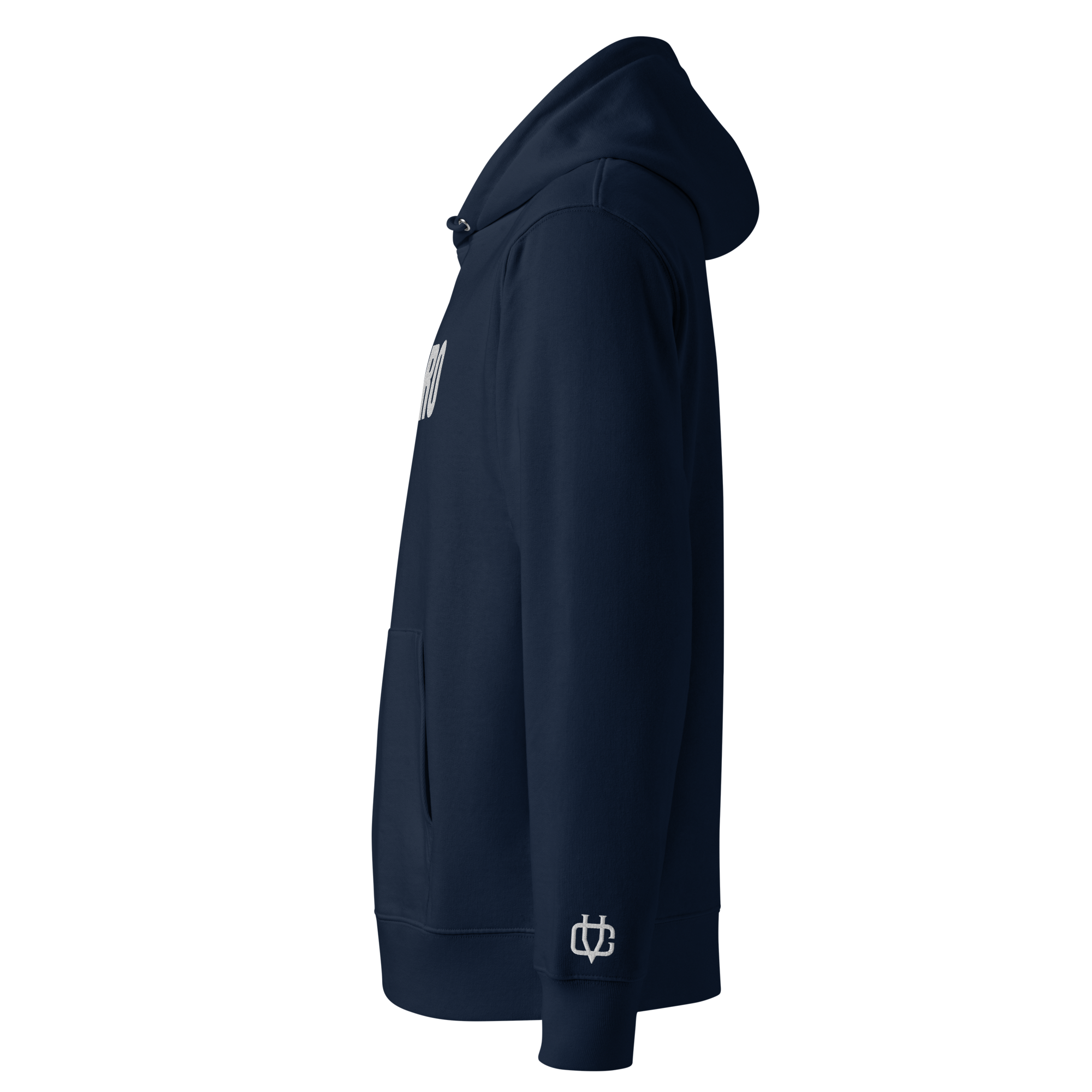 Calvero® Hoodie French Navy Line linke Seitenansicht mit gesticktem Calvero-Logo am Ärmel