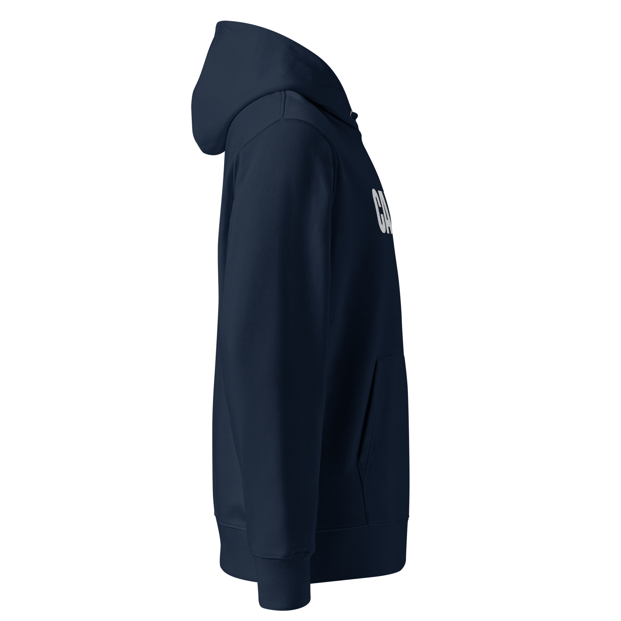 Calvero® Hoodie French Navy Line rechte Seitenansicht mit gesticktem Calvero-Schriftzug und Logo-Detail