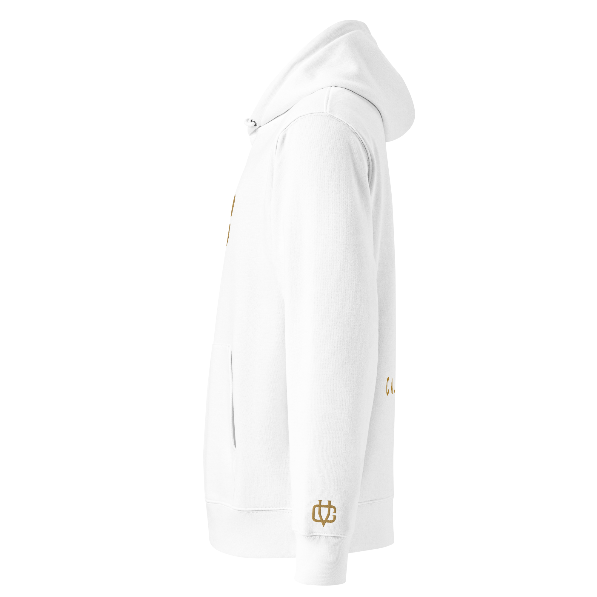Linke Seitenansicht des weißen Calvero® Hoodies mit goldener Ärmelstickerei