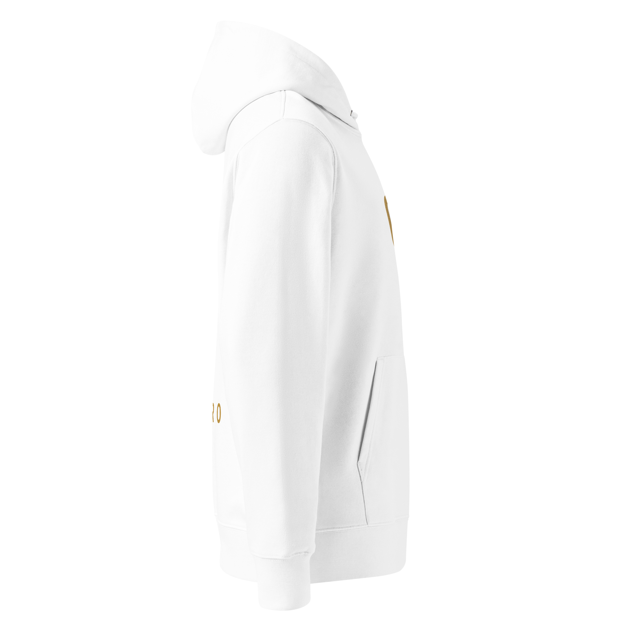 Rechte Seitenansicht des weißen Calvero® Hoodies ohne Stickerei oder Aufdruck