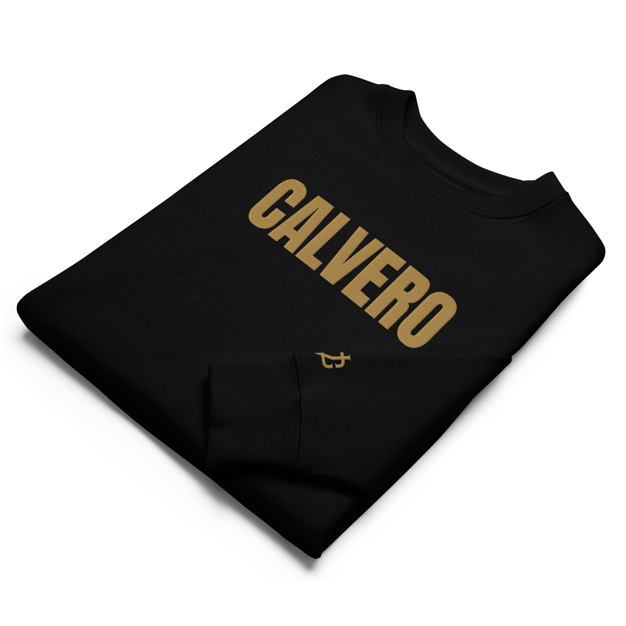 Gefaltetes CALVERO® Sweatshirt Black Gold mit goldenem CALVERO Brustprint und gesticktem Logo am Ärmel