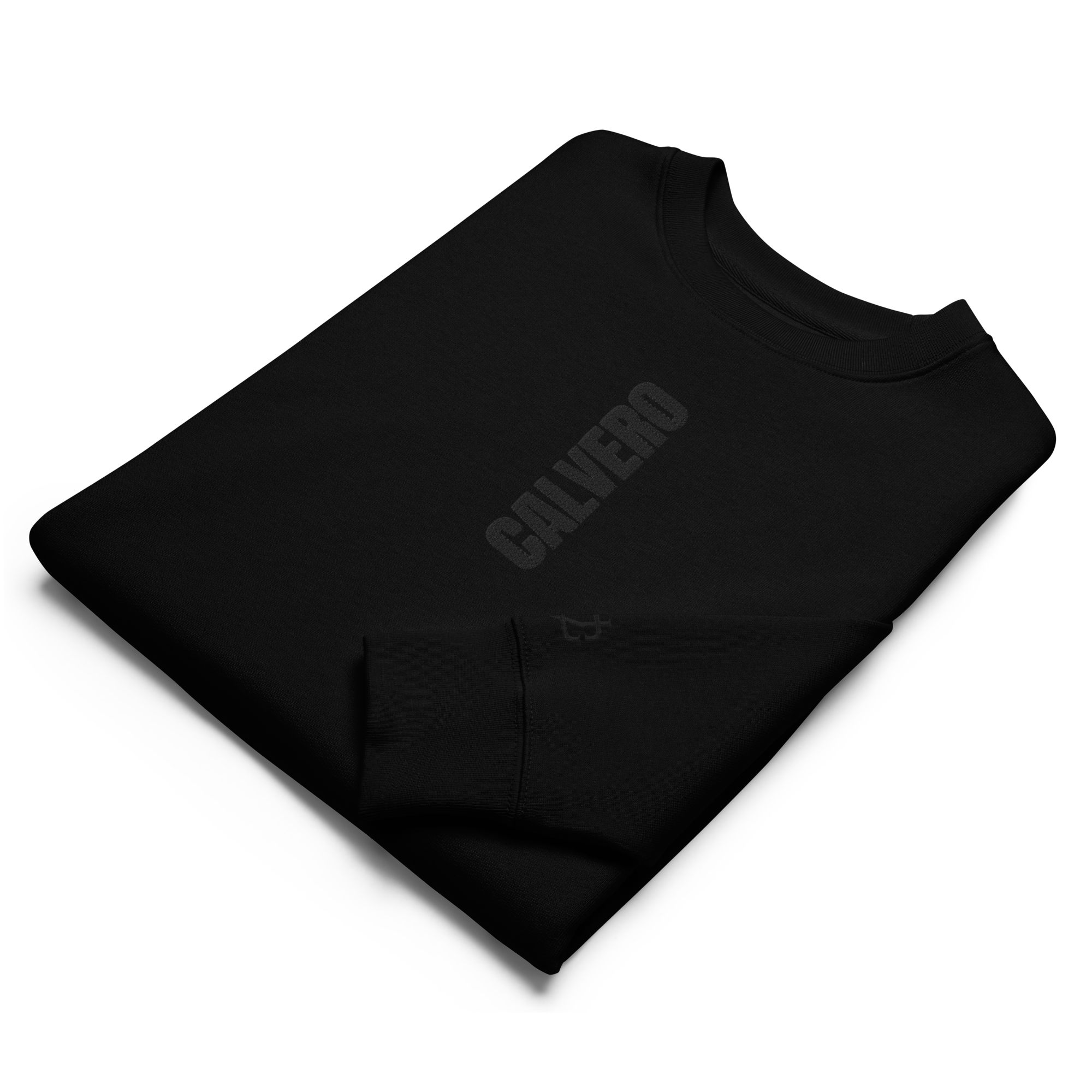 Gefaltetes Calvero® Sweatshirt Black Vertical mit vertikalem Brustprint und gesticktem Logo am Ärmel