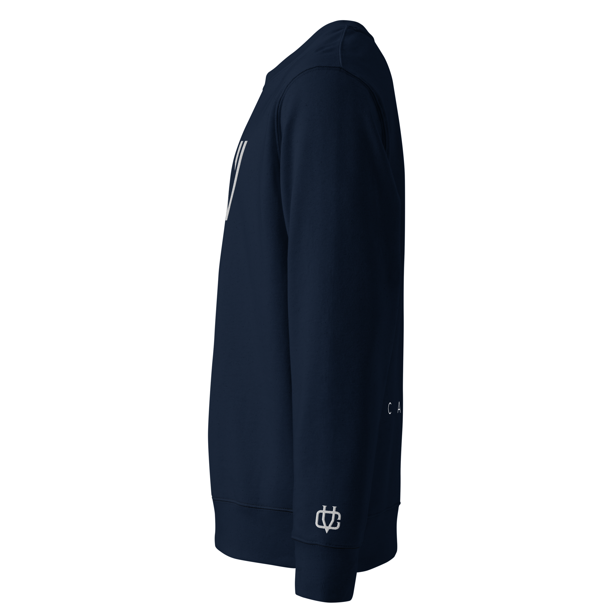 Calvero® Sweatshirt Navy Crest linke Seite mit gesticktem Calvero Logo am Ärmel