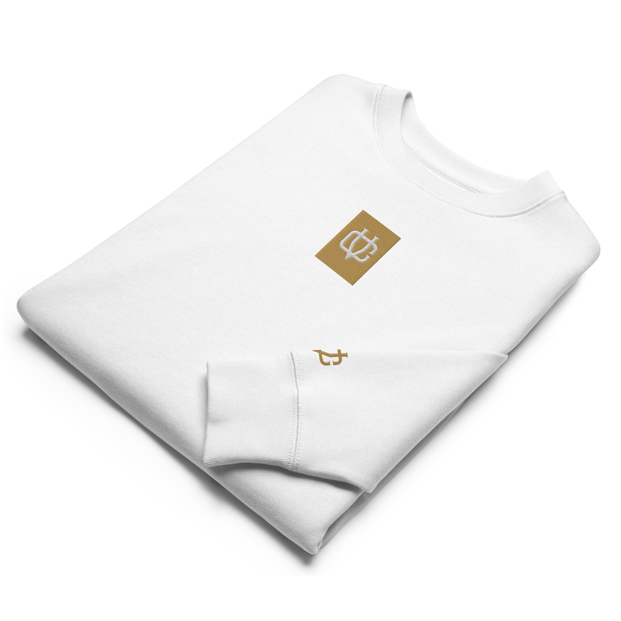 Gefaltetes Calvero® Sweatshirt White Gold Emblem mit Monogramm und goldenem Ärmel-Logo