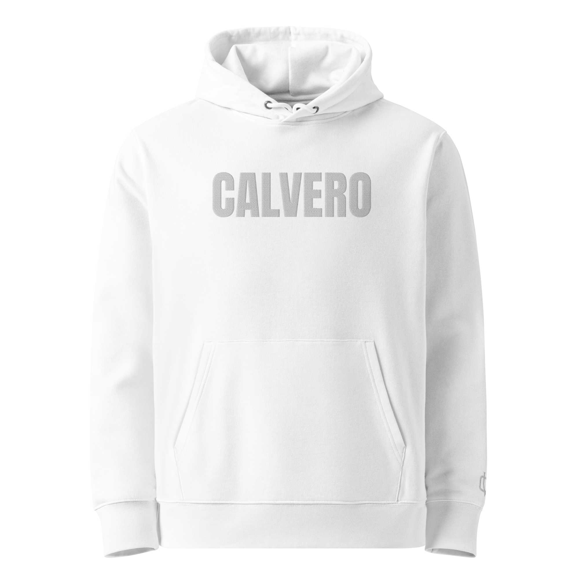 Weißer Calvero® Hoodie mit klassischer Stickerei auf der Brust, Frontansicht