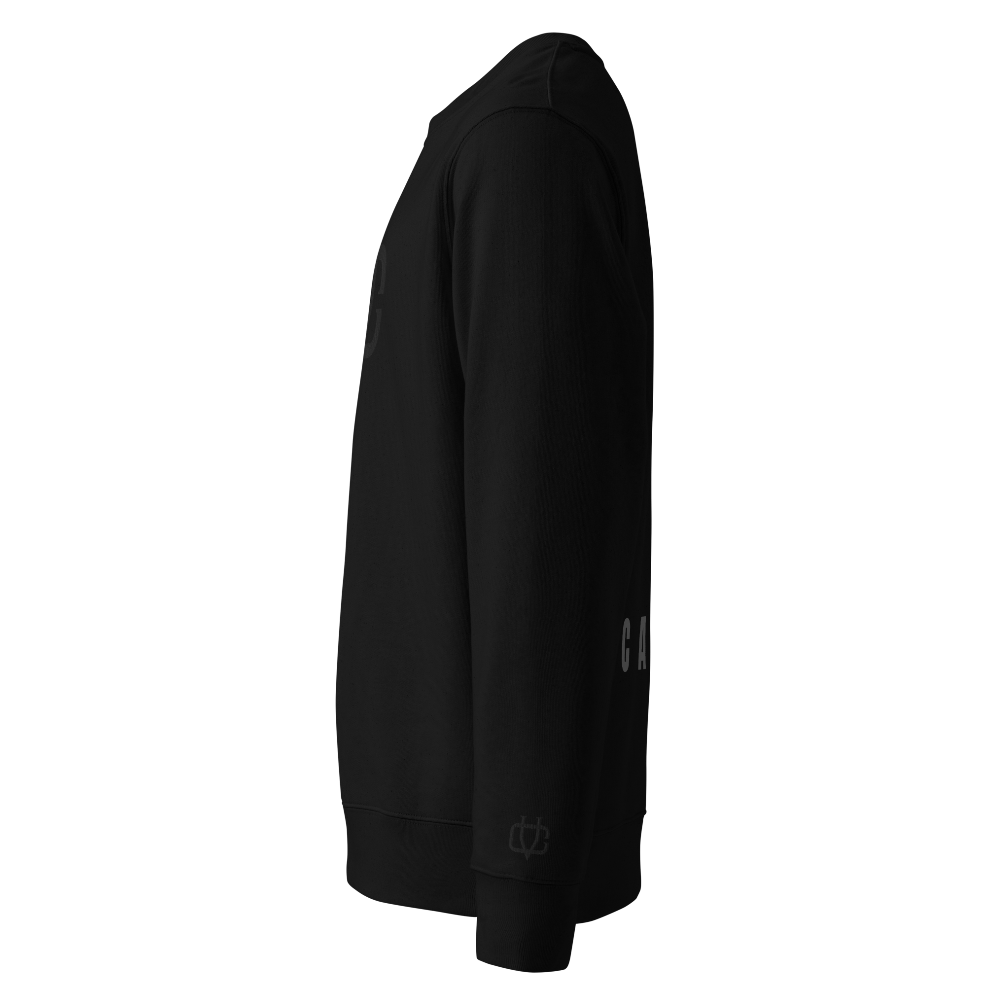 Calvero® Sweatshirt Black Monogram linke Ansicht mit gesticktem Logo am Ärmel